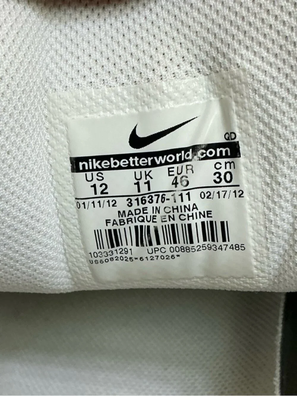 Nike Air Max Running Shoes White 316376-111 Low Top Lace Up Sneakers Men's US 12